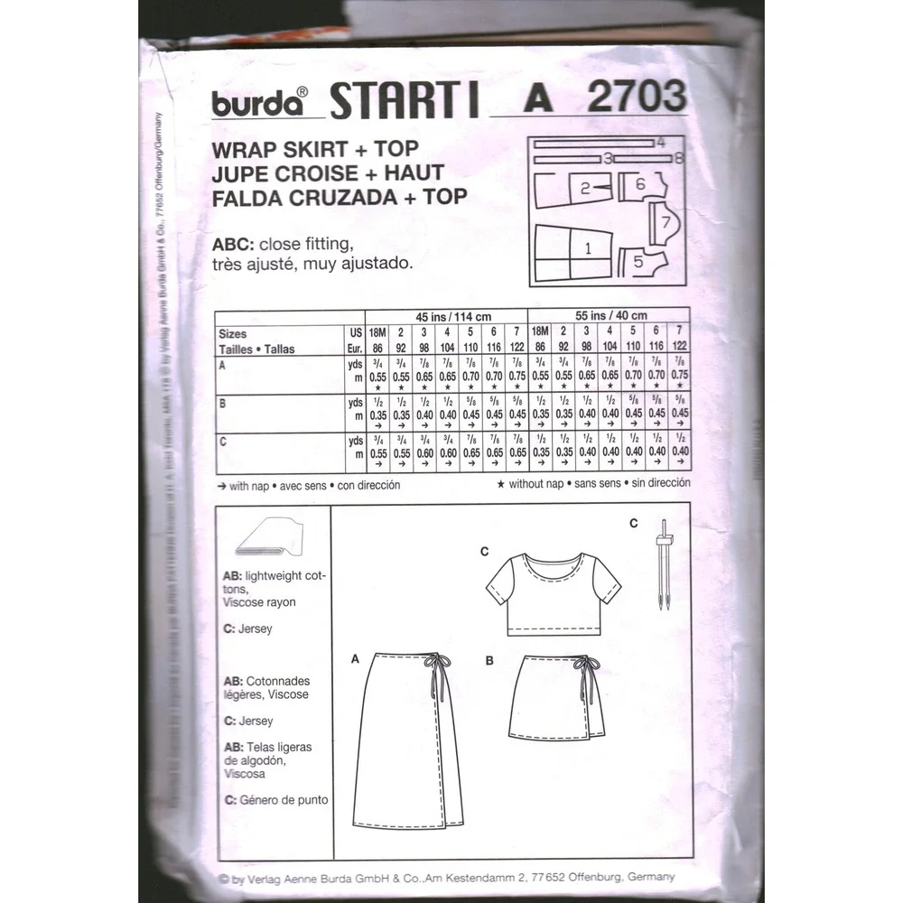Burda Start 1‎ Sewing Pattern 2703 Girls Wrap Skirt and Crop Top Size 18M-7